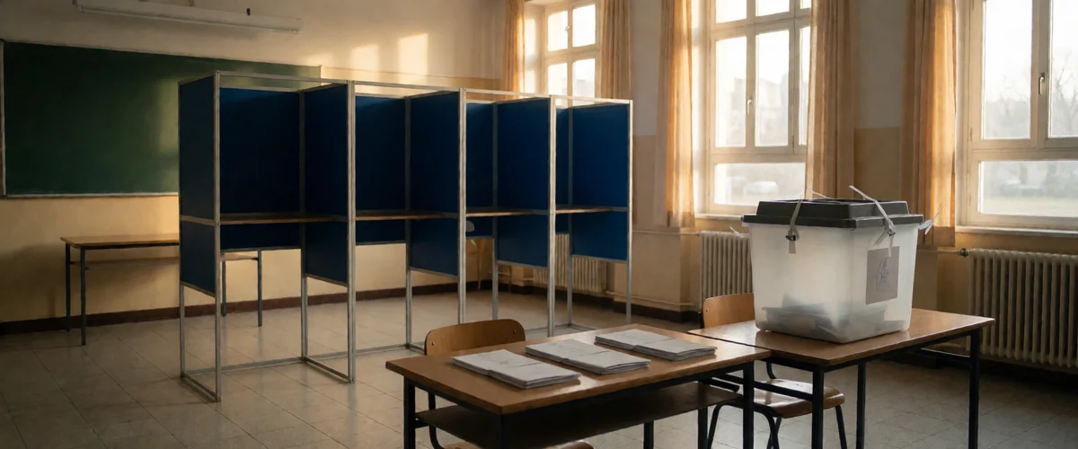 An empty polling-station classroom with a row of blue folding voting booths, a plastic ballot box sealed with zip ties, and stacks of papers on wooden desks in warm morning light