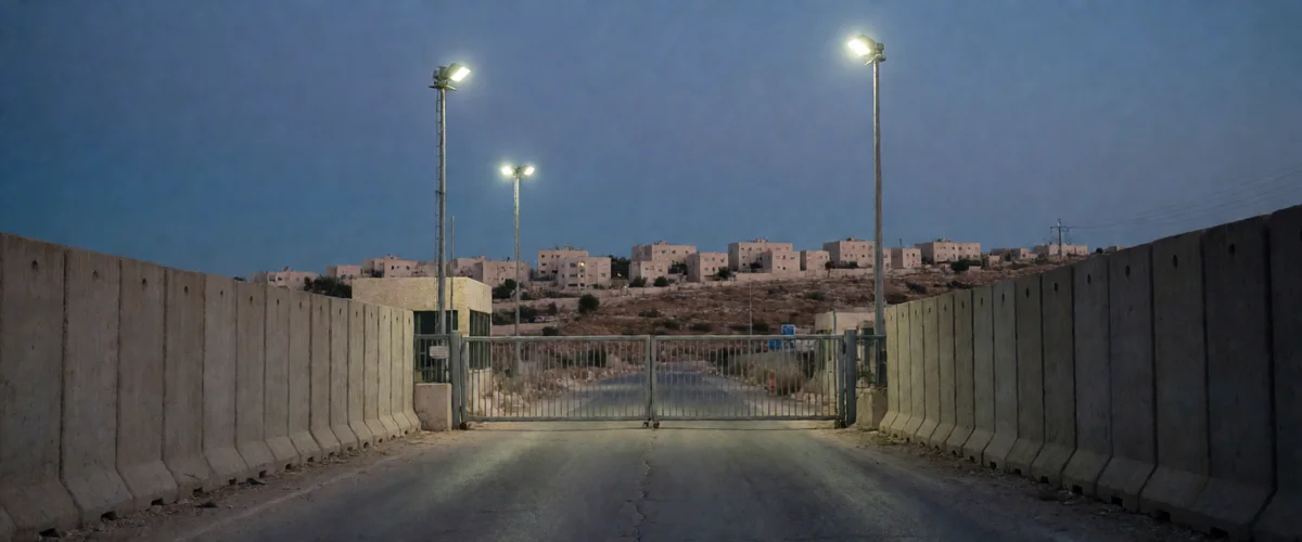A closed grey metal gate blocking a paved road between tall concrete blast walls at twilight, three floodlight poles casting white pools of light, a small concrete guard booth, pale flat-roofed buildings on a hillside beyond, deep blue sky, no people