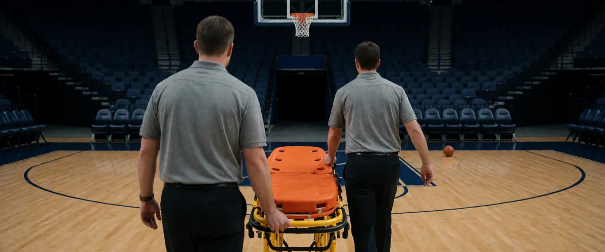 Two trainers in grey polo shirts seen from behind wheeling an empty orange stretcher across a dim empty basketball court toward a tunnel, a single basketball on the hardwood, dark empty seats
