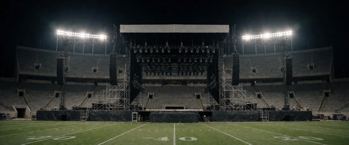 A large concert stage rig set on the yard lines of an empty football stadium at night under stadium floodlights against a black sky