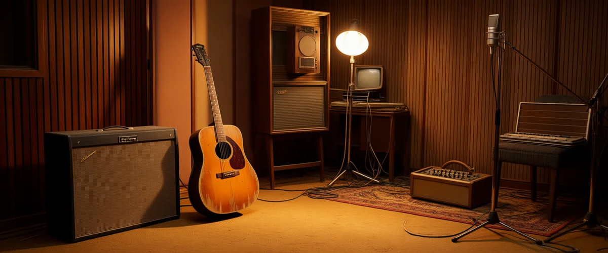A dim wood-paneled music studio with an acoustic guitar, amplifier, floor lamp, mixing console and microphone stand