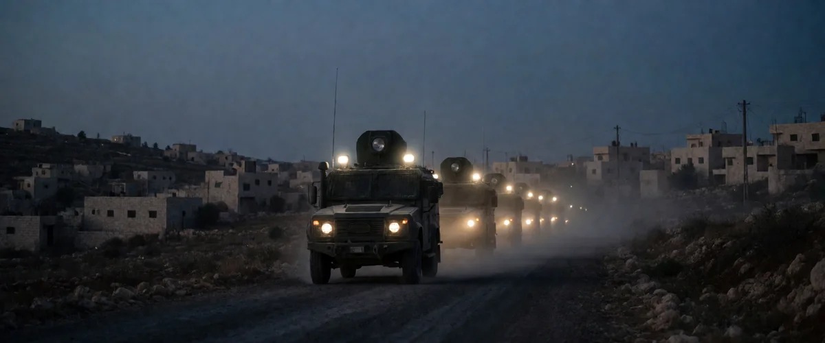 A column of olive-green armored vehicles with glowing headlights kicks up dust along a dirt road at dusk, passing low flat-roofed stone buildings on a hillside