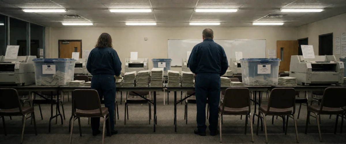 Two poll workers seen from behind sorting stacks of blank paper ballots at long tables under fluorescent lights in a county processing center at night, with sealed bins and machines beside them.