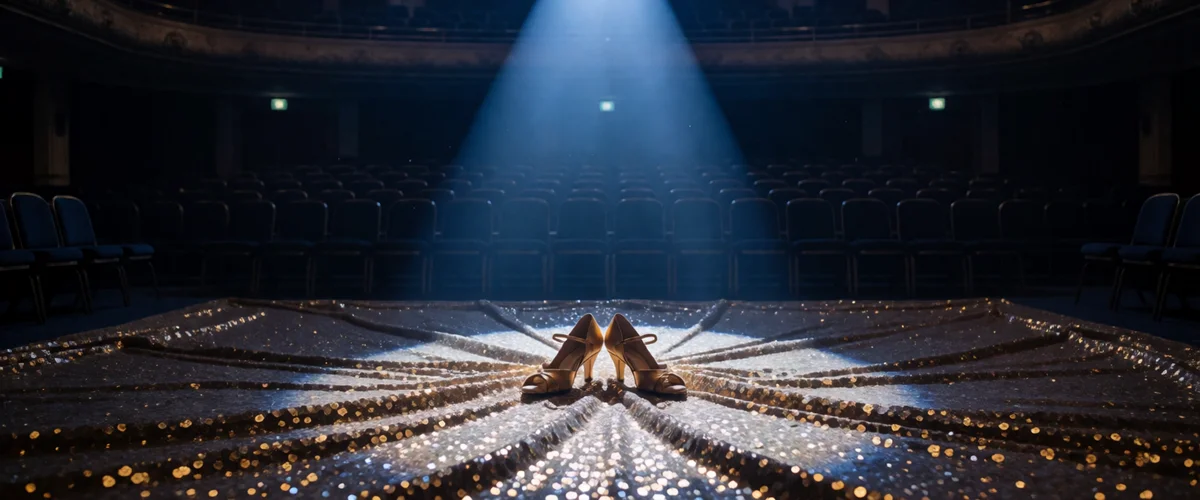 A dark theater with a spotlight on a glittering stage, heeled dance shoes at center, empty seats behind