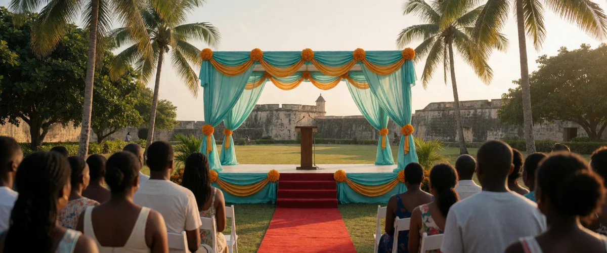 A Caribbean park at golden hour with a bunting-draped ceremonial stage, an empty lectern on a red carpet, palms and a stone fort beyond, and a crowd seen from behind.