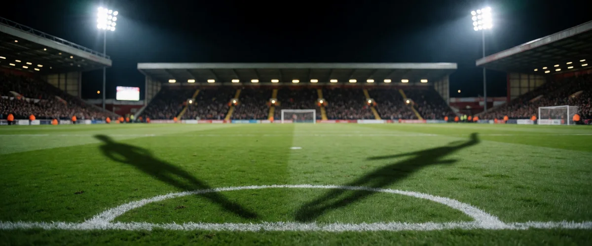 Floodlit stadium at night from pitch level, the white penalty spot in sharp focus, blurred glowing stands, long shadows on the grass.
