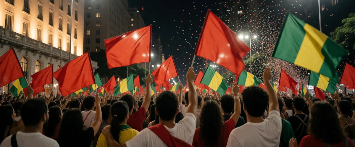 A jubilant night crowd seen from behind in a city square, waving red flags and green-yellow-red flags under confetti before a floodlit columned building