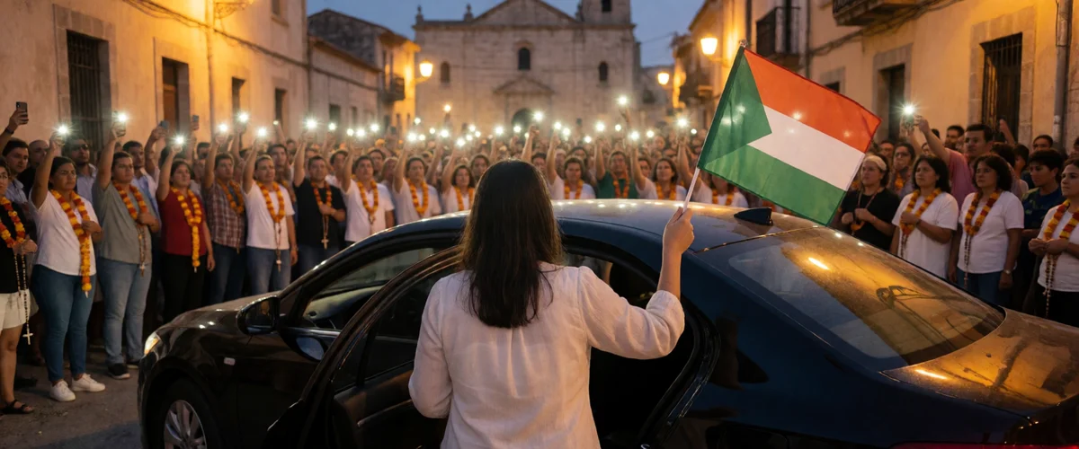 A woman in a white blouse seen from behind holding a small flag as she steps from a black sedan into a dusk street packed with supporters raising phone lights, a stone church facade glowing in the background