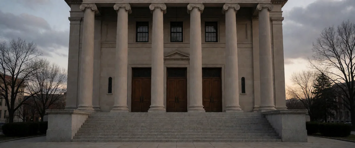 The front facade of a classical stone courthouse with six Ionic columns, broad steps, and wooden doors, under an overcast gray sky with bare trees at either side.