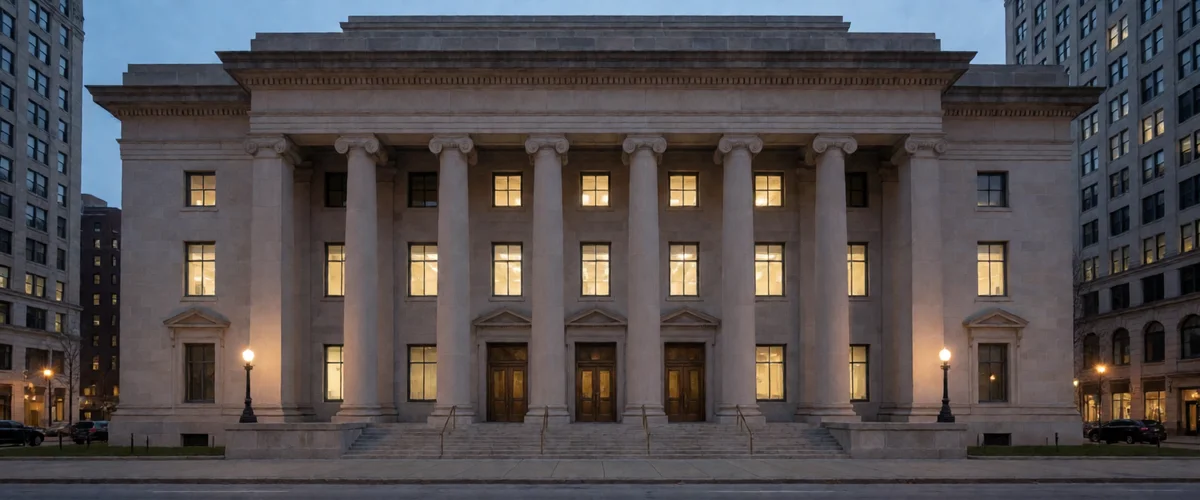 A columned neoclassical courthouse facade at dusk with three pedimented doorways, warmly lit windows, stone steps with railings and two glowing globe lamps