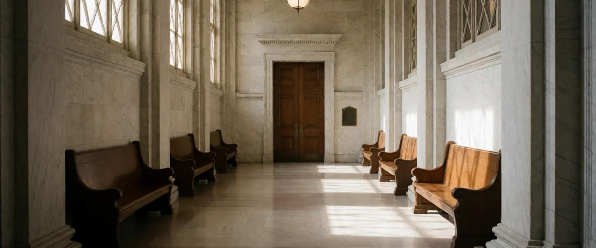 A federal courthouse corridor of pale marble with tall columns and polished wooden benches, high windows casting long morning light across the stone floor, heavy wooden doors at the far end, no people.