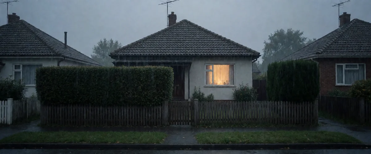 Exterior of a modest suburban house behind a tall hedge and wooden fence at dusk in soft drizzle, one warm lit window, quiet residential street