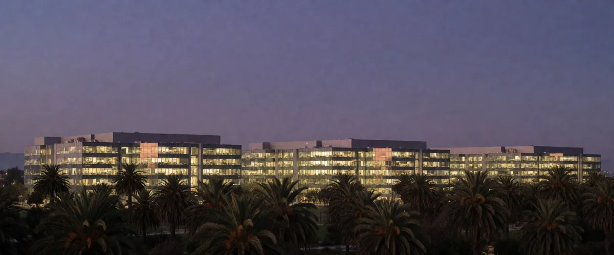 Glass office buildings of a sprawling tech campus glowing from within at dusk, palm tree silhouettes against a purple sky