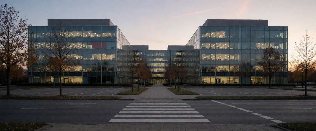 A glass office building at dusk seen across empty parking lots and a pedestrian crosswalk, interior lights glowing through the curtain wall