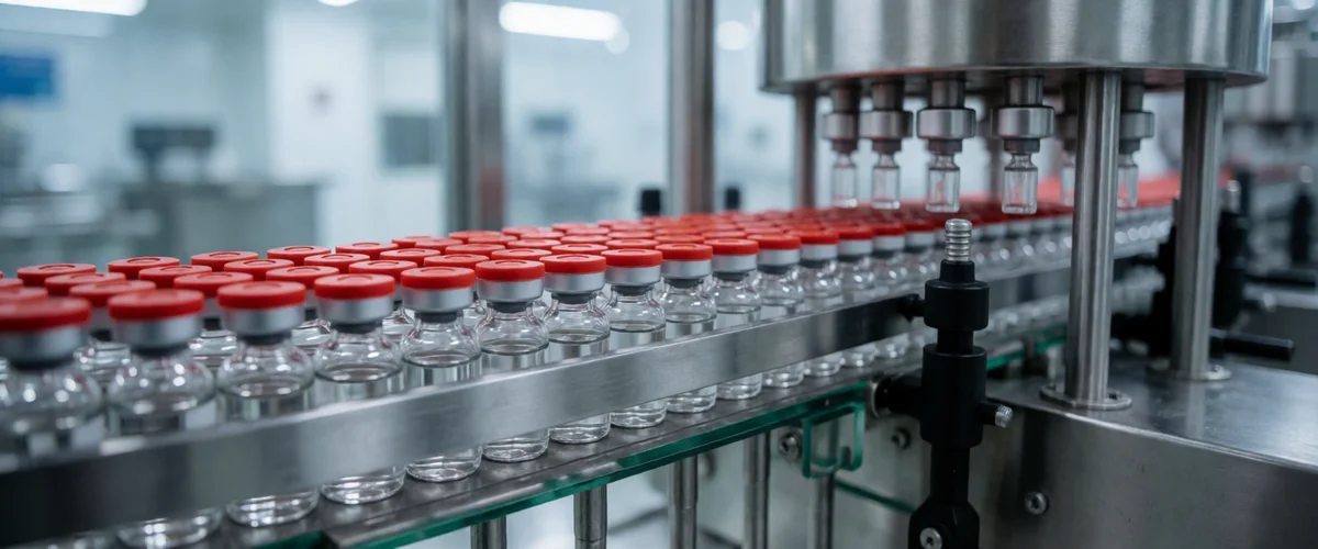 Rows of small glass vials with red caps on a stainless steel pharmaceutical production line under cool clinical light