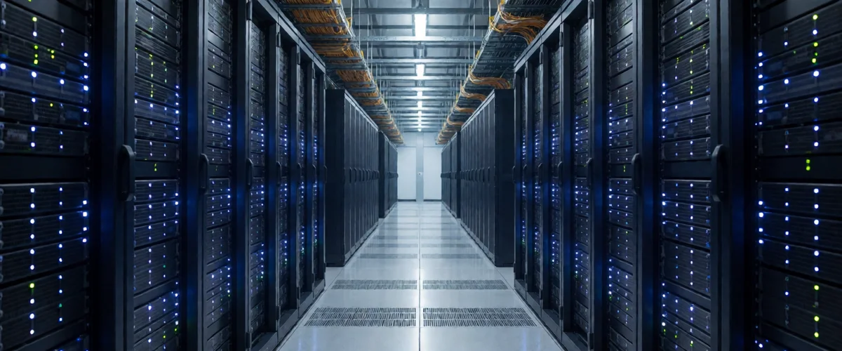 A symmetrical empty data-center aisle flanked by black server racks studded with blue indicator lights, orange cable trays overhead and a glossy tiled floor