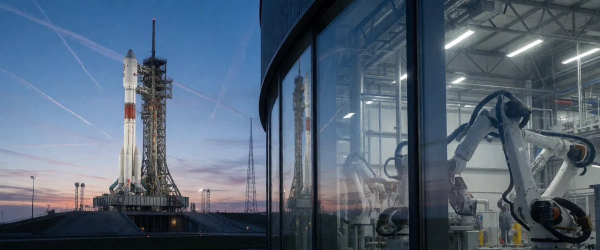 A rocket on a night launch pad reflected in the glass facade of a factory with robot arms visible inside, blue dusk sky