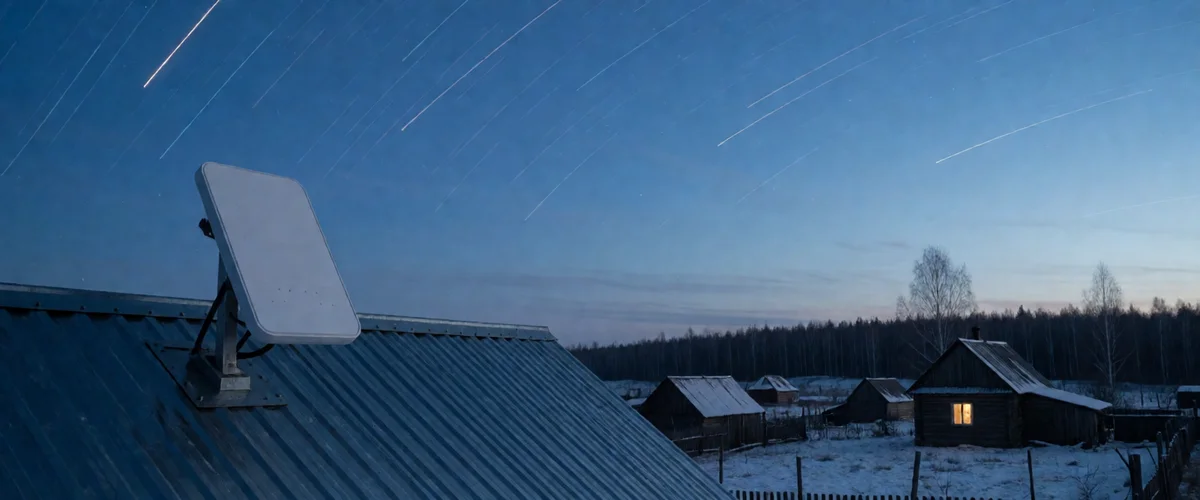 A white satellite internet terminal on a corrugated metal rooftop in a winter village at dusk, faint satellite trails crossing a deep blue sky.