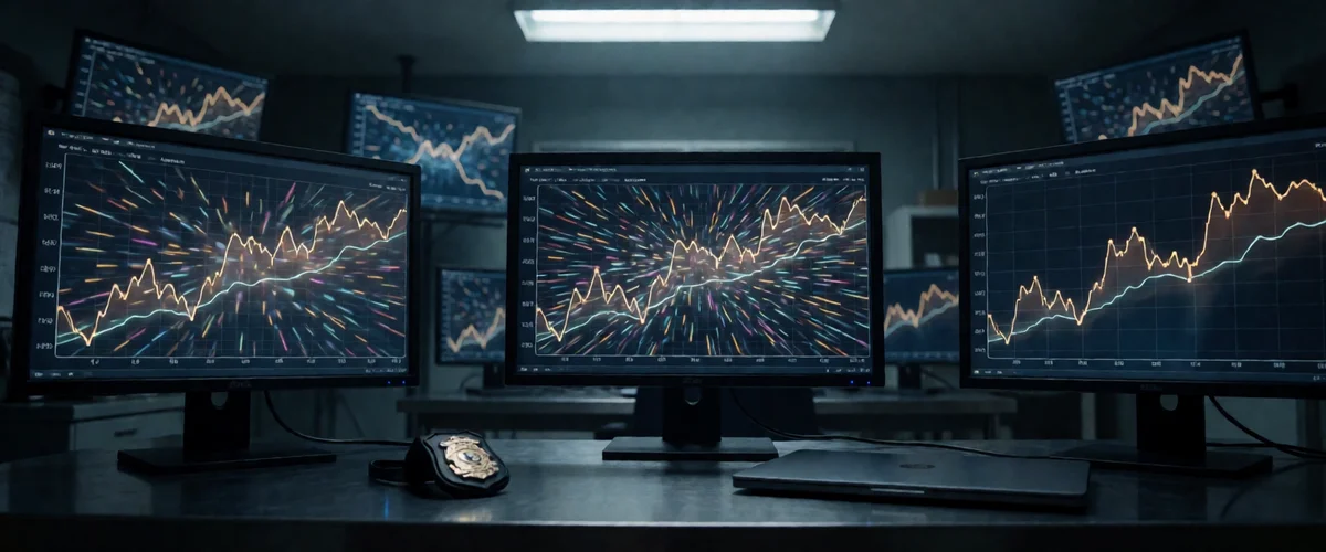 A dim investigation room with dark monitors showing abstract glowing network graphs, a badge and closed laptop on a steel desk, cold light.