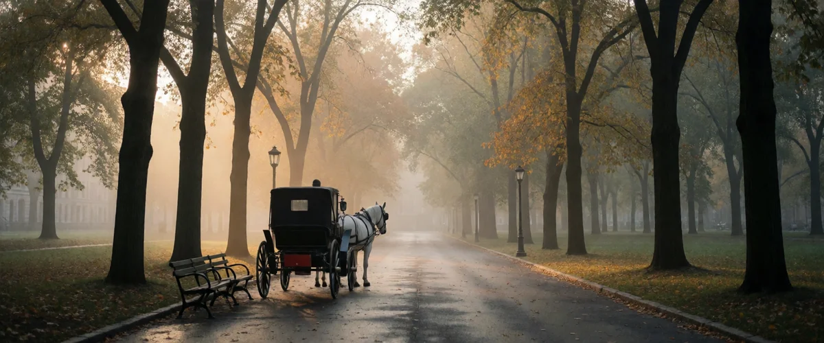 A black horse-drawn carriage with a white horse parked on a misty tree-lined path in autumn, wooden bench and vintage lamp posts alongside