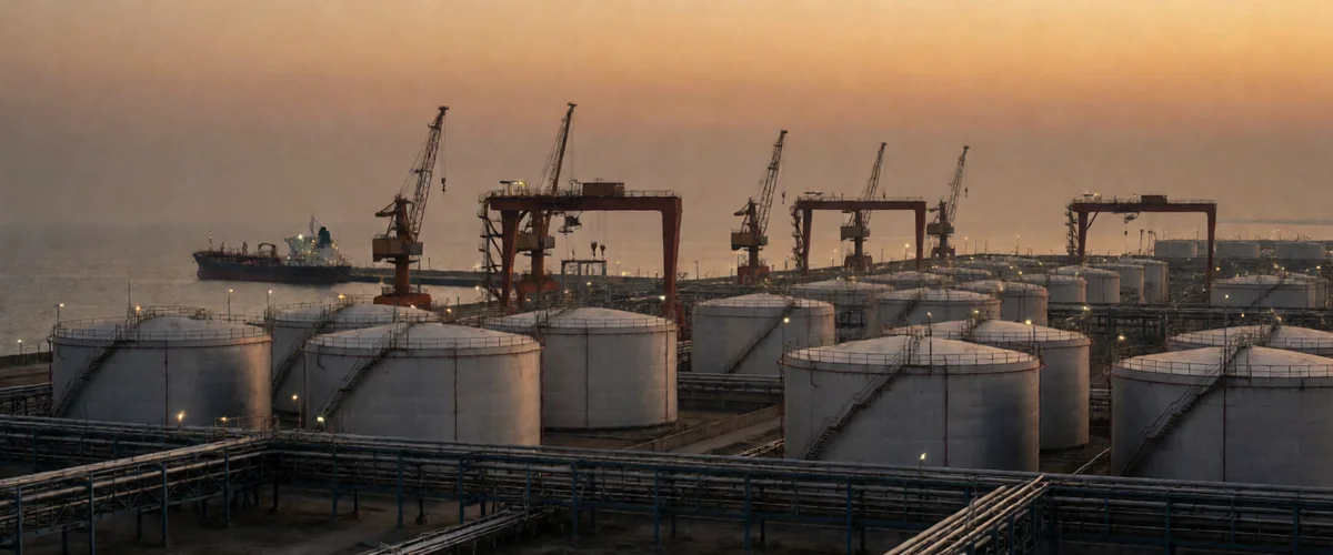 Rows of silver oil storage tanks under a smoky amber dusk sky, pipeline gantries silhouetted, a tanker at a distant berth.