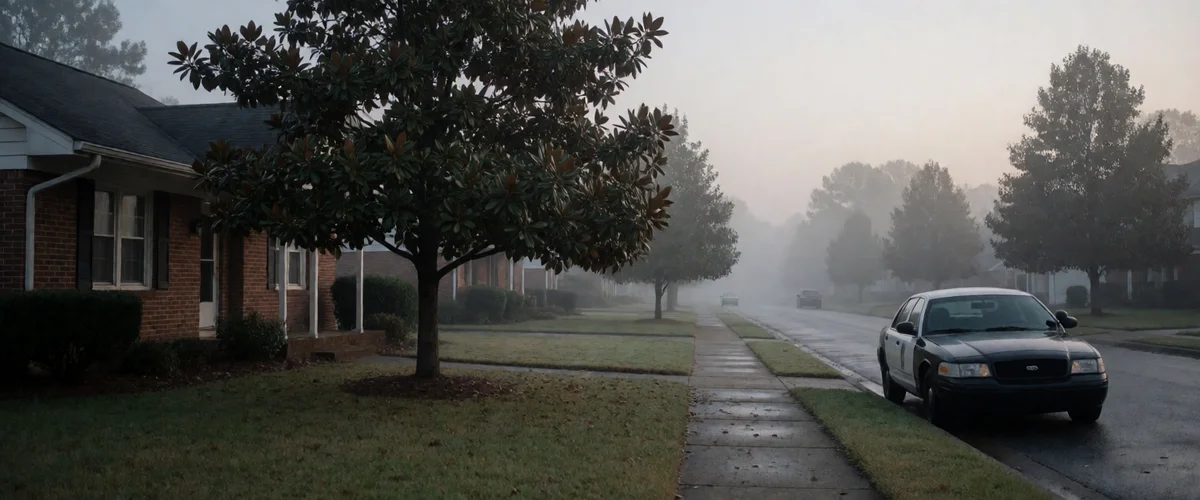 A quiet residential street in early morning mist, a modest brick house behind a magnolia tree, a closed police car at the curb, empty sidewalk.