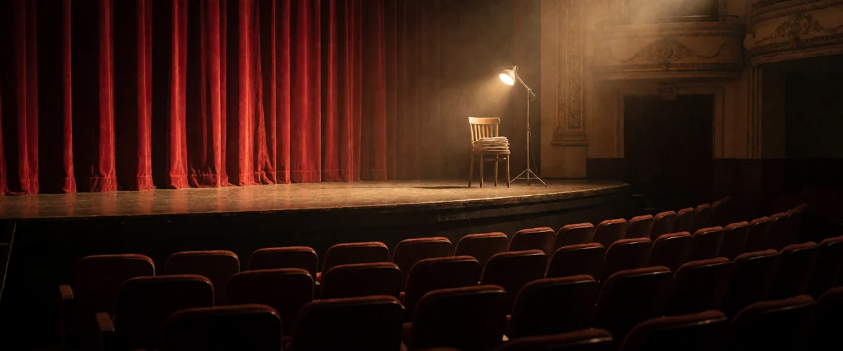 An empty theatre auditorium in warm amber light, a lone wooden chair on the stage holding a stack of papers beneath a glowing tripod floor lamp, a heavy red curtain to one side, rows of vacant maroon seats in the darkened foreground.