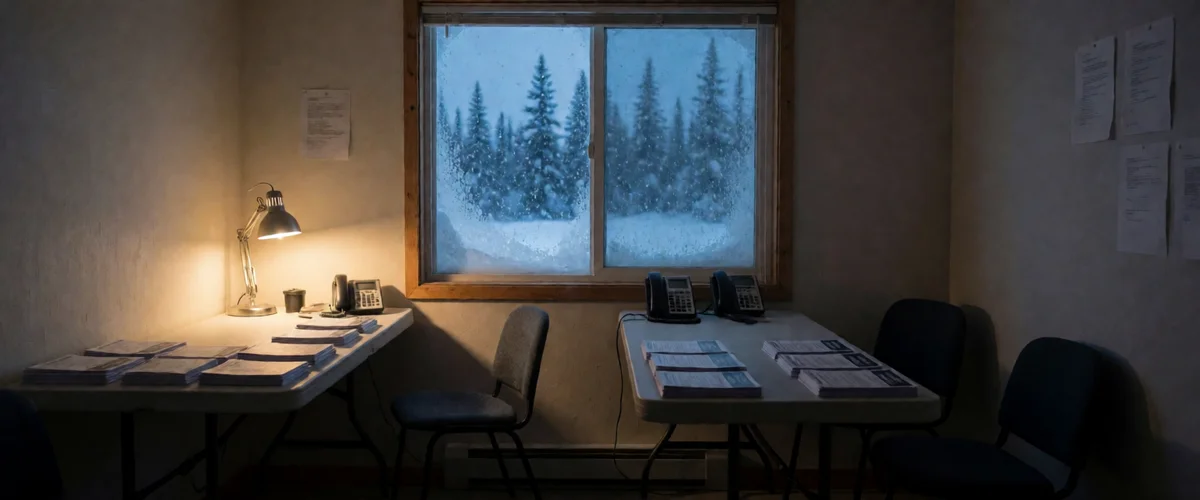 A small campaign office at dusk, folding tables with stacks of unstamped flyers, a warm desk lamp, snow falling past a frosted window.