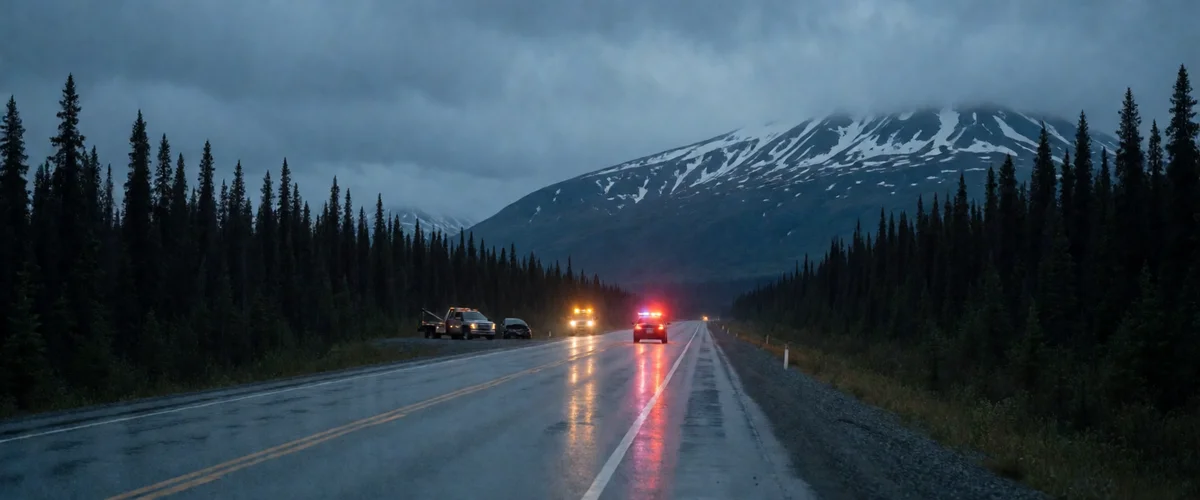 A wet two-lane Alaska highway at dusk beneath a snow-streaked mountain, emergency lights flashing red and blue in the distance, a flatbed truck and a dark car stopped on a gravel shoulder, spruce forest on both sides