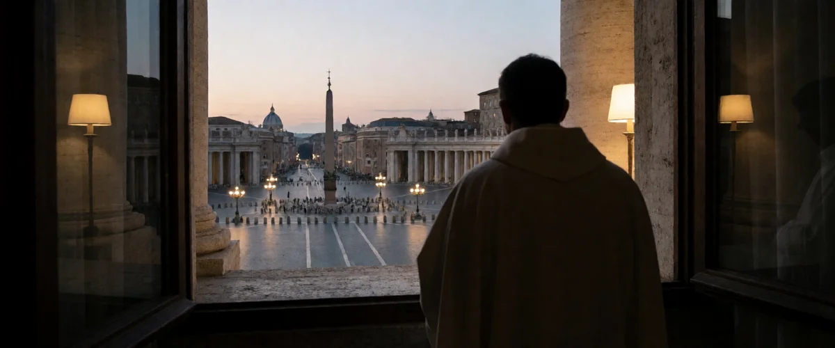 A figure in white robes seen from behind in silhouette at an open stone window overlooking an empty colonnaded square lit by streetlamps at dusk.