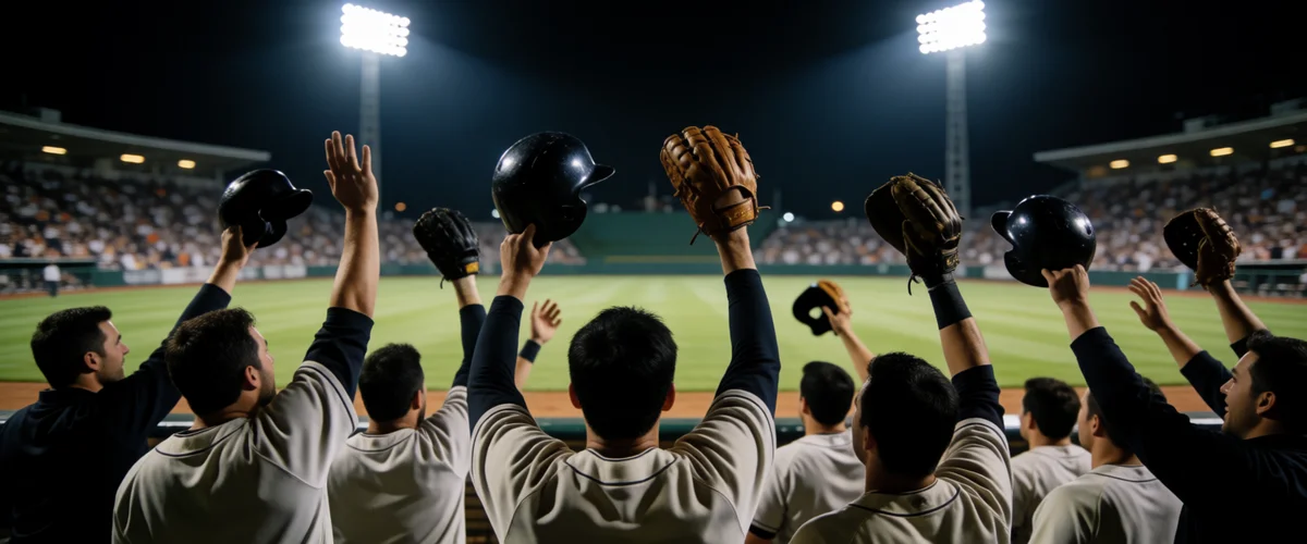 A baseball dugout at night in celebration, players seen from behind raising helmets and gloves under floodlights over a green field.