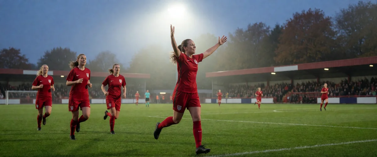 A striker in a red kit celebrating with arms raised, face turned away, teammates running in behind, floodlights and autumn mist.