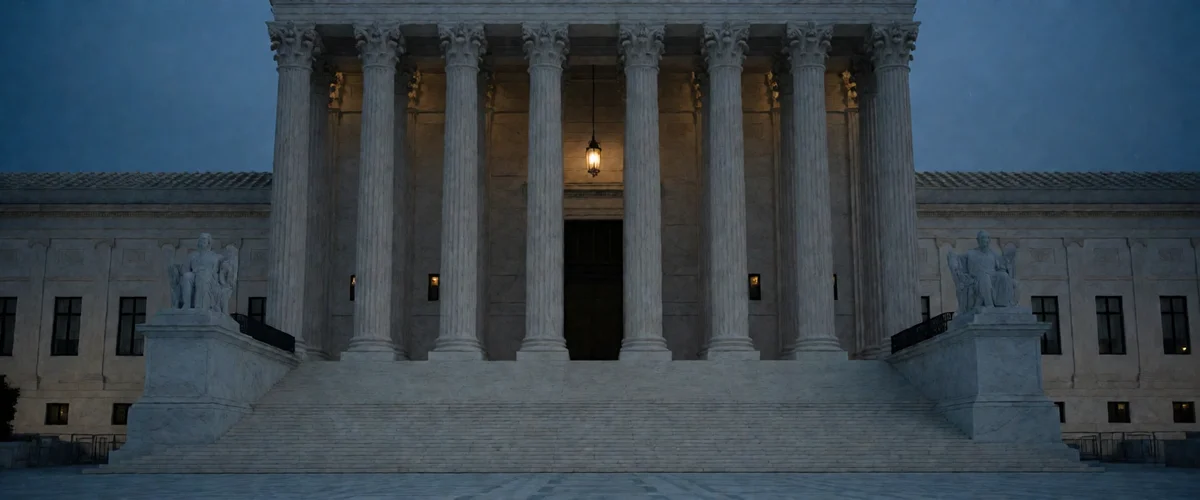 The marble columns and pediment of the United States Supreme Court building at dusk, empty granite steps in low blue light