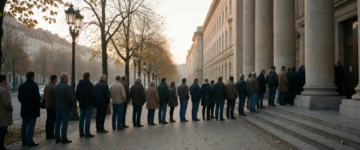 A long queue of people in winter coats, seen from behind, standing on a leaf-strewn sidewalk beside a columned neoclassical building facing its entrance, bare autumn trees and a vintage cast-iron street lamp under a hazy sky