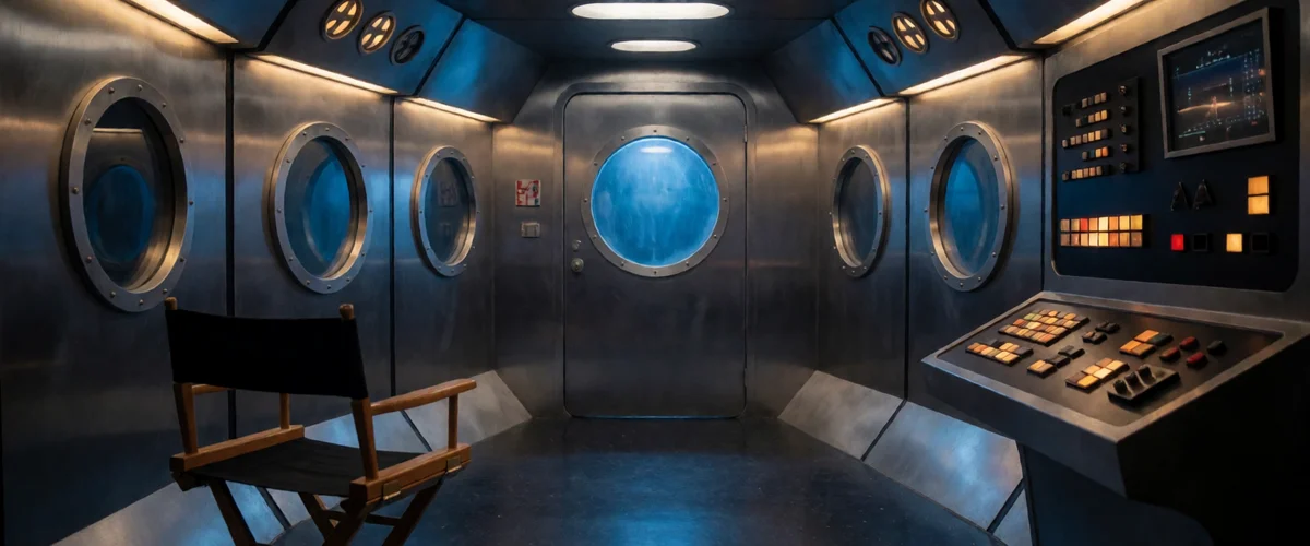 A wooden director's chair standing empty in a metallic starship corridor lit by blue portholes, a control console with buttons and a small screen along the right wall.