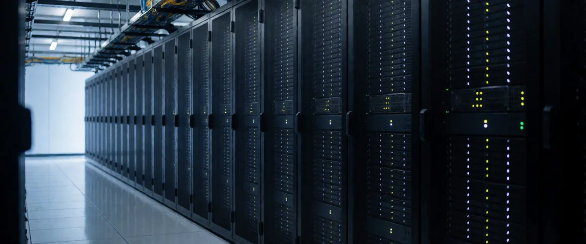 A long row of black server racks with green and amber status lights in a dim data center corridor, a brightly lit white wall at the end, yellow and blue cables in overhead trays, reflections on the polished floor