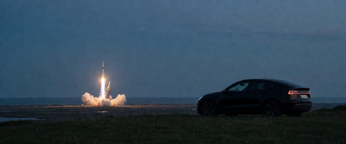 White rocket lifting off at dusk seen from a distance across a coastal plain, bright exhaust plume, sleek electric car silhouette parked on a hill in the foreground overlooking the launch
