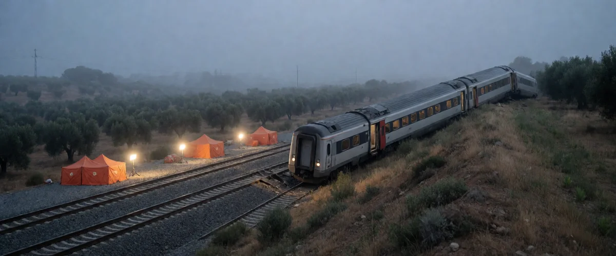 Derailed silver carriages tilted on a grassy embankment at dawn, floodlights and rescue tents on the gravel, mist over the plain behind.