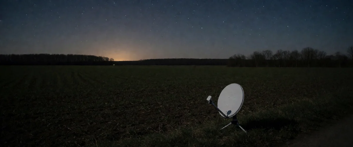 Small white satellite internet terminal dish on a short tripod at the edge of a dark rural field at night, distant treeline silhouette, faint orange glow on the horizon, starry sky