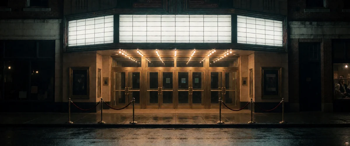 A movie theater exterior at night, blank unlit marquee, wet pavement reflecting warm light from glass lobby doors, empty street.