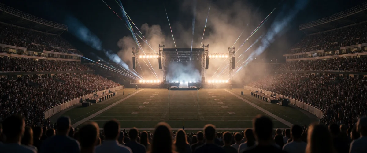 A stadium at night seen from behind a silhouetted crowd, a lit halftime stage with smoke and light beams erected at the far end of the football field.