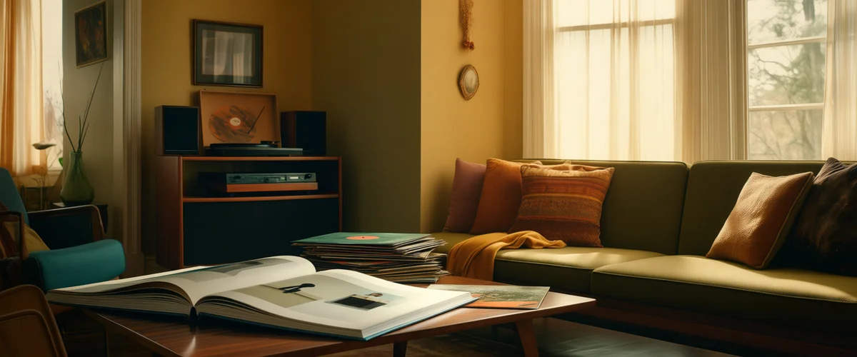A mid-century living room with a green sofa, a coffee table holding an open book, and a sideboard stereo with speakers