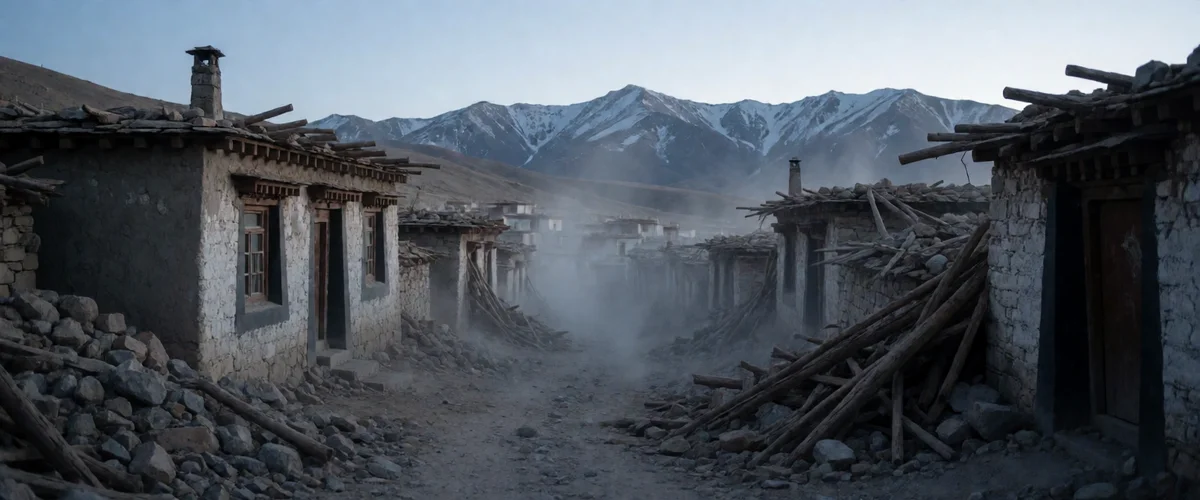 A high-altitude plateau village street lined with stone and mud-brick houses, piles of rubble along a dirt lane with drifting dust, snow-capped mountains in the distance