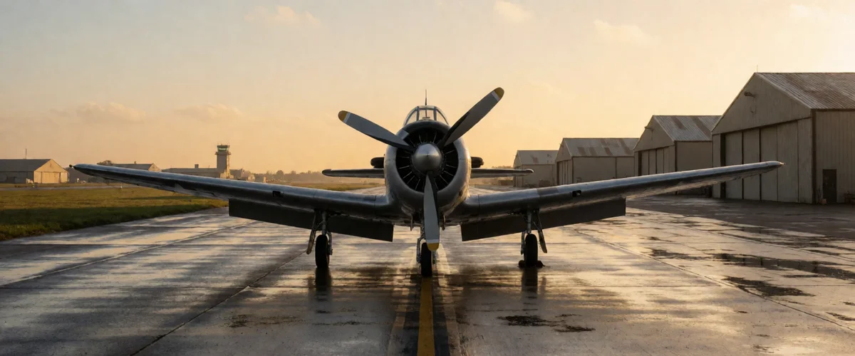 A vintage propeller fighter aircraft parked head-on on a wet flight line at golden hour, hangars in the background and a distant control tower