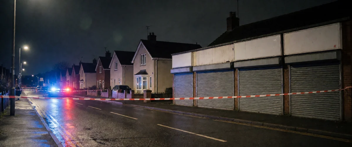 A wet empty suburban street at night blocked by red-and-white police cordon tape, an emergency vehicle flashing blue and red lights, shuttered shopfronts with blank sign panels and houses with one lit window under a dark overcast sky