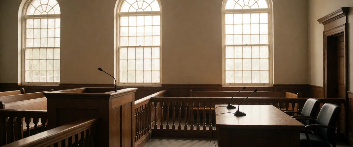 An empty federal courtroom with a wooden witness stand, counsel table and gooseneck microphones lit by tall arched windows