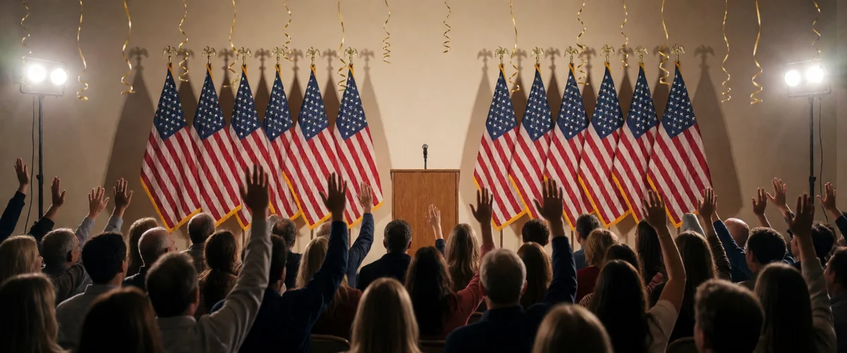 An indoor campaign rally at night, a crowd seen from behind with raised hands facing a plain wooden lectern, an arc of American flags against a beige wall, gold streamers hanging from the ceiling, bright stage lights at both sides