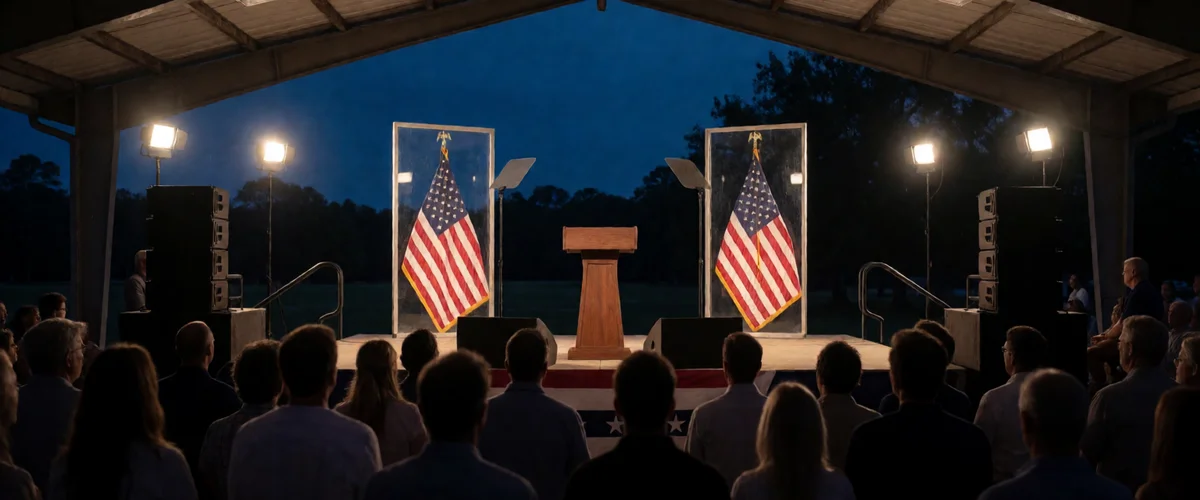 An outdoor rally stage under a canopy pavilion at dusk, an empty wooden lectern flanked by two American flags hanging in clear display cases, stage floodlights and speaker stacks, a seated audience seen from behind, deep blue evening sky.