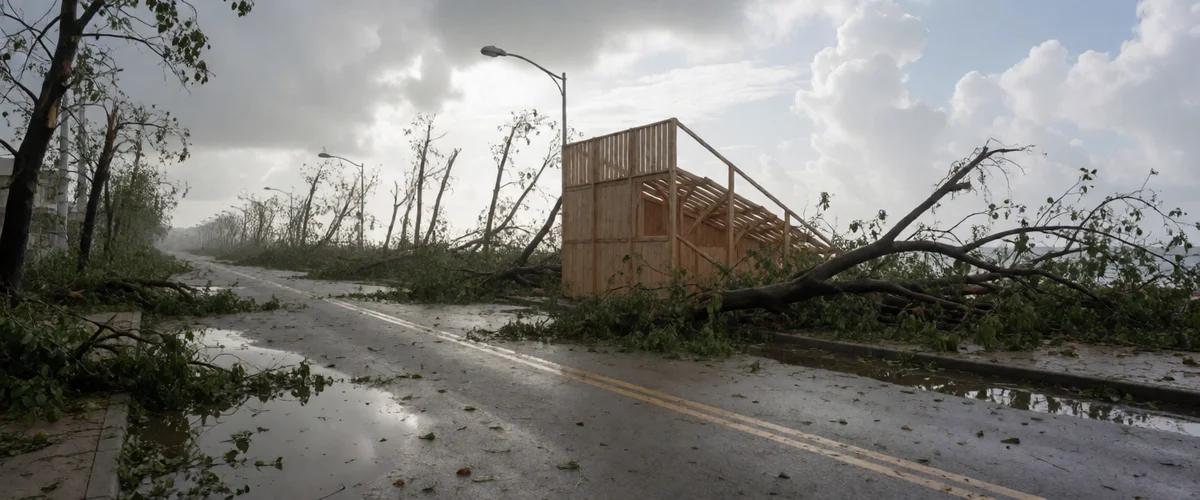 Storm-damaged road in grey daylight after a typhoon, fallen trees and broken branches scattered on wet pavement, a collapsed skeletal wooden shelter, heavy storm clouds beginning to break on the horizon