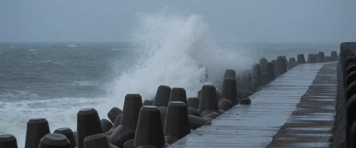 Large waves breaking against a seawall lined with concrete tetrapods under an overcast grey storm sky, spray bursting above the wall
